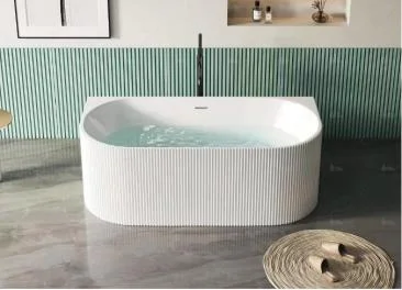 Fluted Gloss 1700mm V Groove Back to Wall Round Freestanding Bath